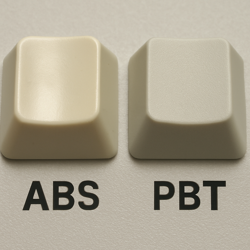 Two keycaps side-by-side: one shiny and worn (ABS), one matte and textured (PBT).