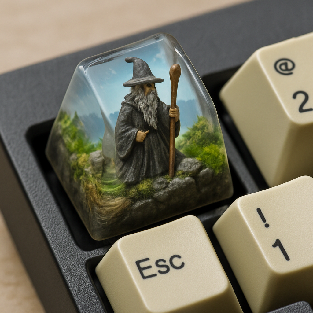 A single, highly detailed resin keycap (like a tiny landscape or character) placed on the Escape key of a keyboard.