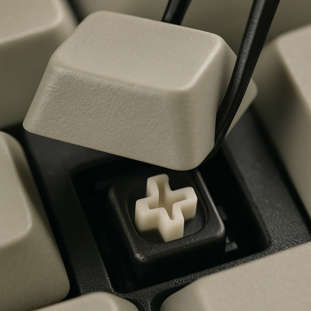 A close-up photo of a keycap being removed to show the cross-shaped (+) stem underneath.