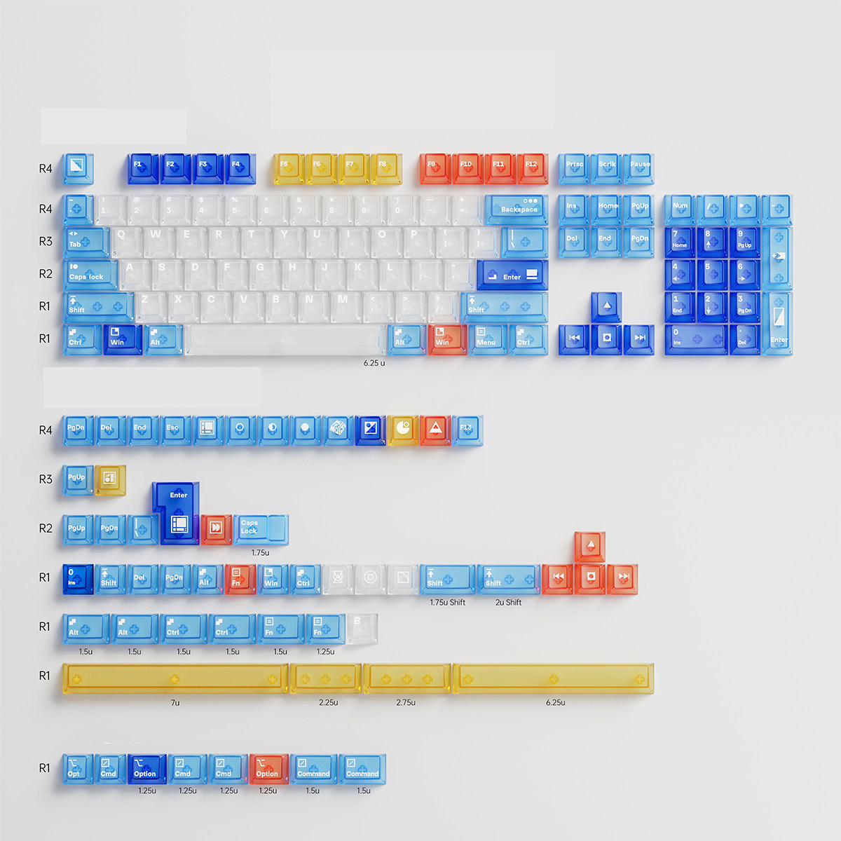blue keys transparent keycap set, set de teclas transparentes, durchsichtiges Tastenkappen-Set, jeu de touches transparentes, 透明キーキャップセット