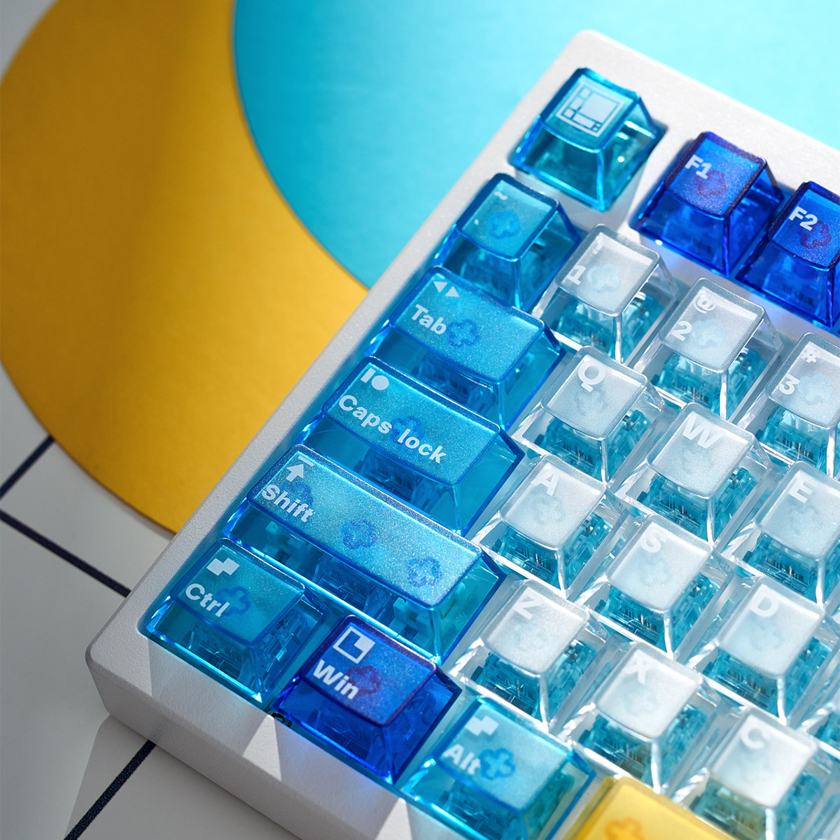 Transparent Keycap Set Cherry Profile- 161 Keys Red, Blue, & Yellow Geometric Design - Image 3