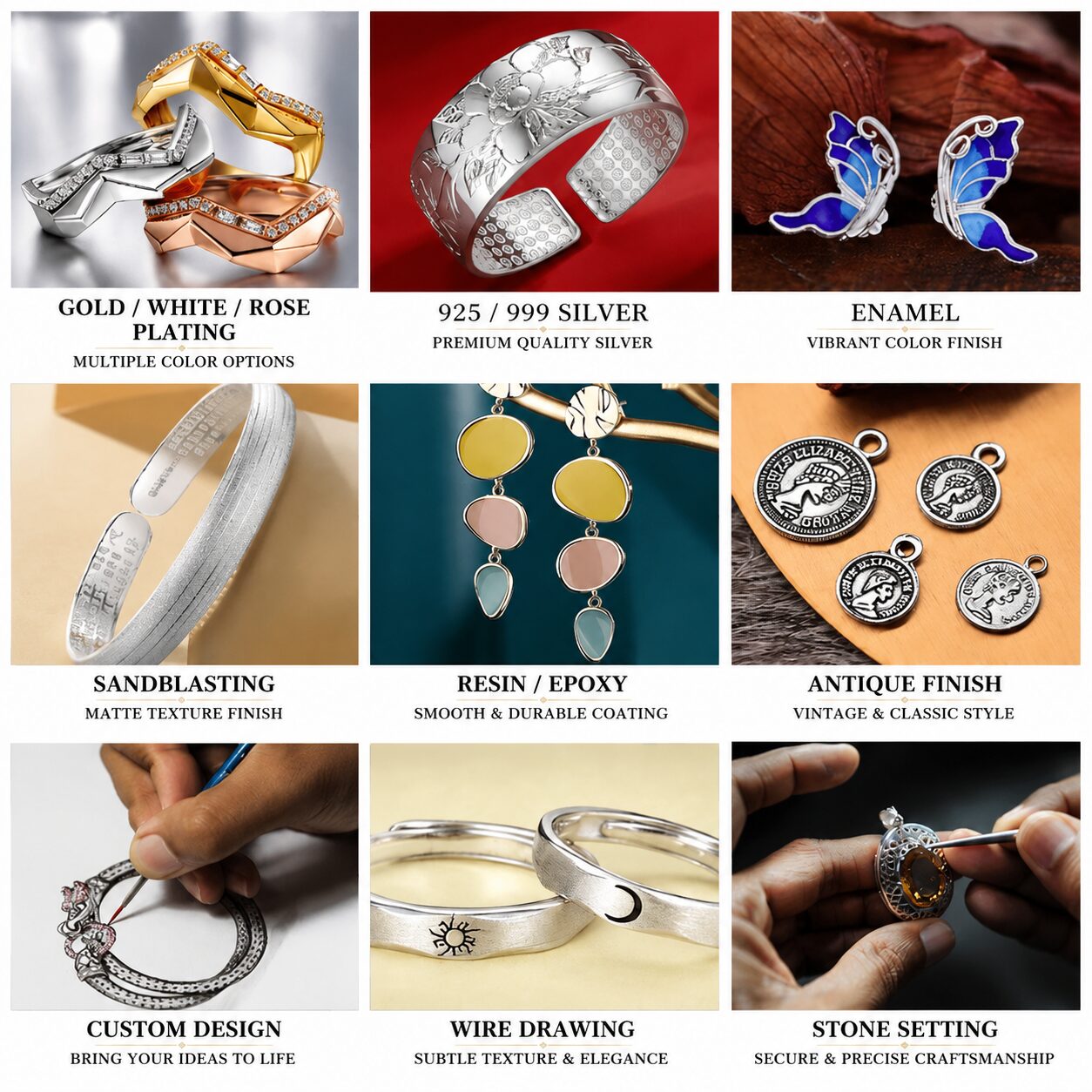 Custom jewelry manufacturing infographic showing plating options (gold, white, rose), 925/999 silver, enamel, sandblasting, resin epoxy, antique finish, wire drawing, custom design, and stone setting craftsmanship for rings, earrings, and accessories.
