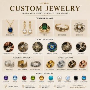 Custom jewelry design infographic showcasing necklaces, earrings, rings, bracelets, and brooches with customization options including gemstones, materials (silver, gold plated, stainless steel), craftsmanship techniques, and finish styles for personalized jewelry manufacturing.