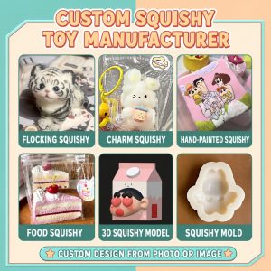 Custom Squishy Toy Manufacturer offering photo-to-squishy customization, flocked squishies, hand-painted squishies, food squishies, 3D squishy modeling, and custom silicone molds.