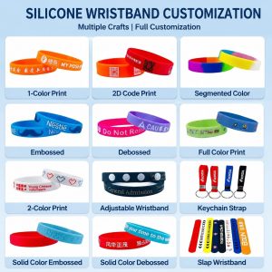 Silicone rubber wristband braceelet customization infographic showing multiple crafts including 1-color print, 2D code printing, segmented color bands, embossed and debossed designs, full color printing, adjustable wristbands, keychain straps, and slap wristbands for custom promotional products