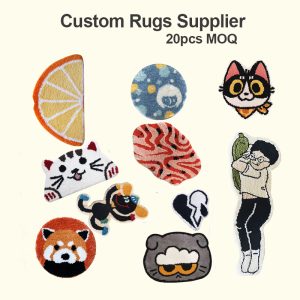 Custom bath rug display with animals, food and fruit cartoon style