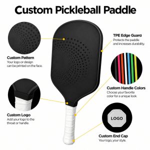 Custom pickleball paddle manufacturer showing personalized paddle design, logo customization, handle colors and end cap branding options, custom uv printing on surface, custom logo on handle and end cap